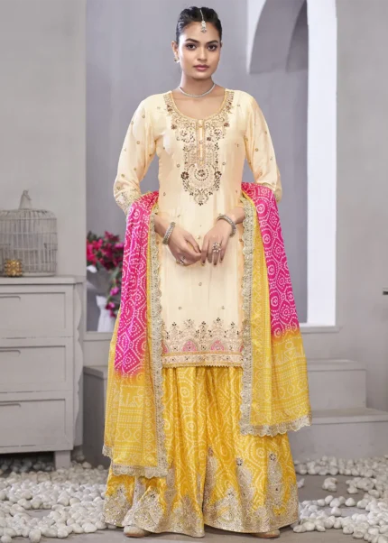 Embroidered Cream and Yellow Chinon Sharara Suit