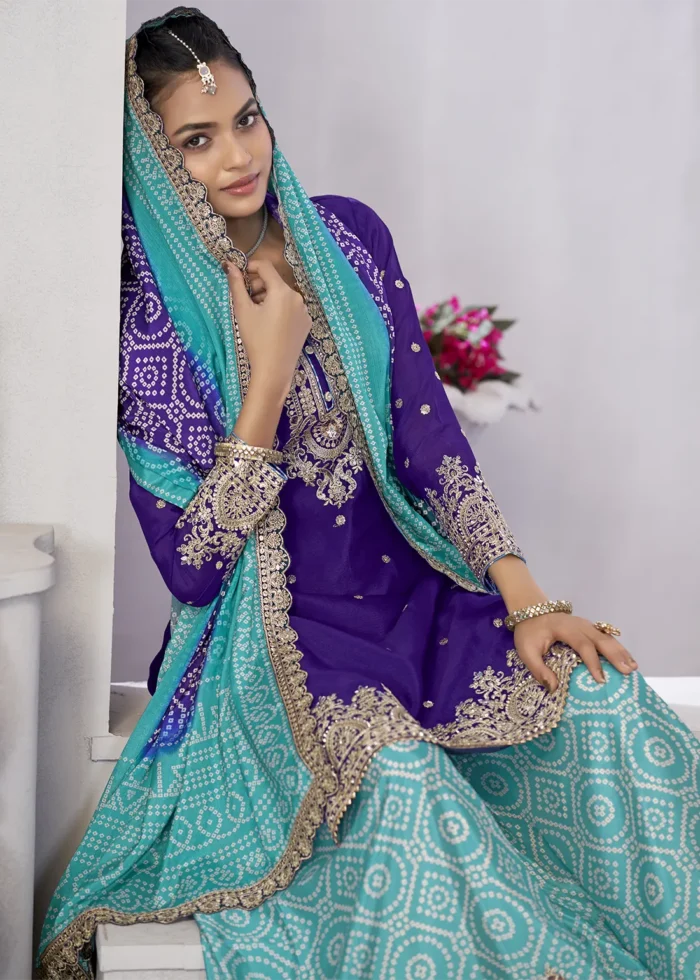 Embroidered Purple and Aqua Blue Chinon Sharara Suit