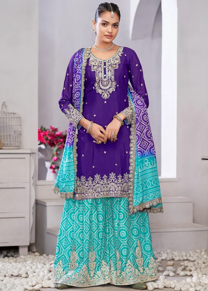Embroidered Purple and Aqua Blue Chinon Sharara Suit
