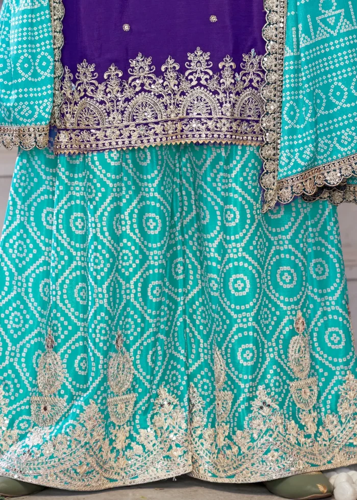 Embroidered Purple and Aqua Blue Chinon Sharara Suit