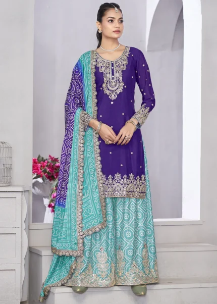 Embroidered Purple and Aqua Blue Chinon Sharara Suit