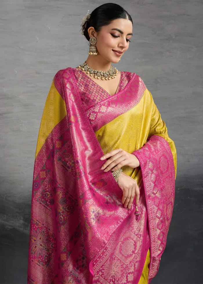 Golden Yellow Kanjivaram Silk Saree with Meenakari