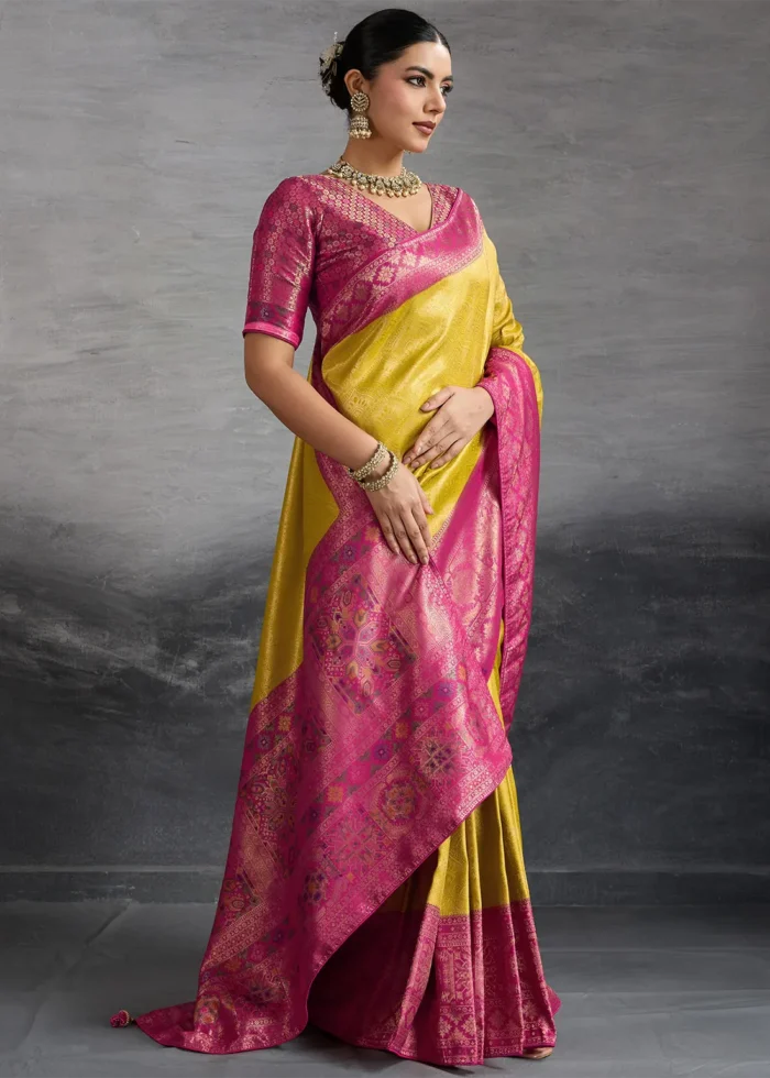 Golden Yellow Kanjivaram Silk Saree with Meenakari