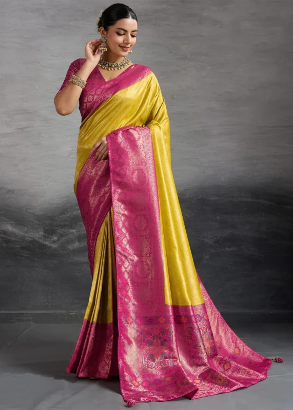 Golden Yellow Kanjivaram Silk Saree with Meenakari