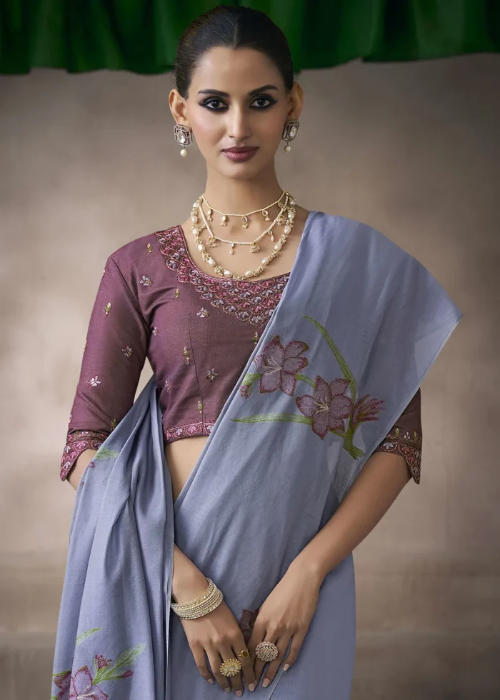 Lavender Cotton Saree with Embroidered Blouse
