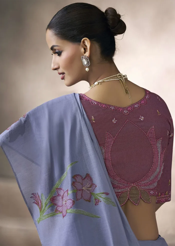 Lavender Cotton Saree with Embroidered Blouse