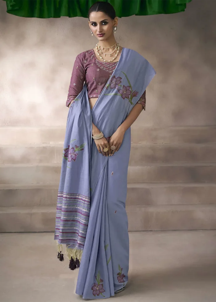 Lavender Cotton Saree with Embroidered Blouse