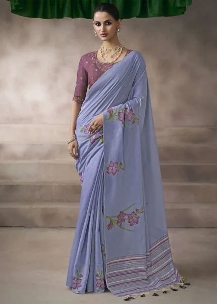Lavender Cotton Saree with Embroidered Blouse