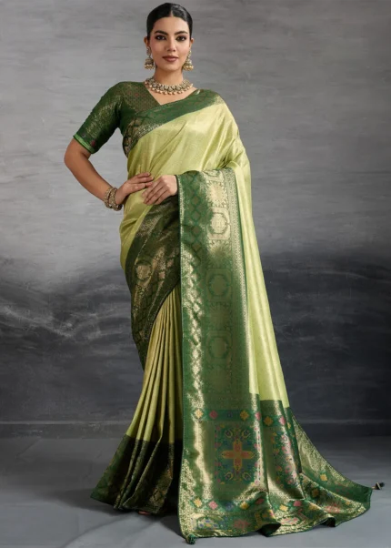 Light Olive Green Kanjivaram Silk Saree with Meenakari