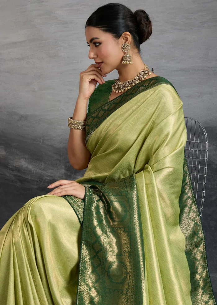 Light Olive Green Kanjivaram Silk Saree with Meenakari