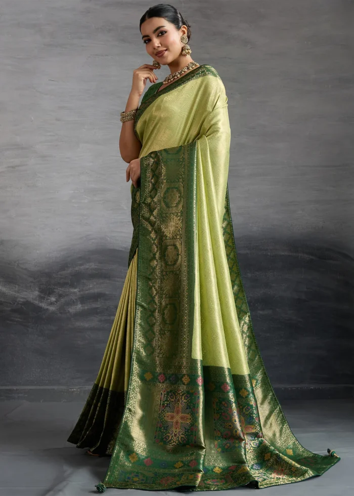 Light Olive Green Kanjivaram Silk Saree with Meenakari