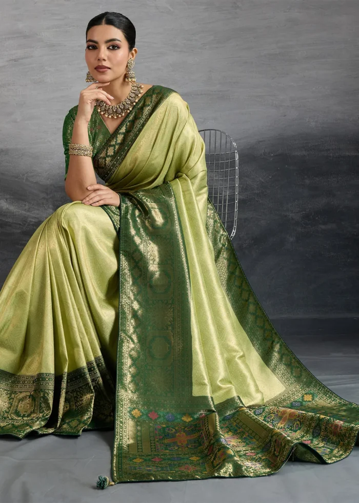 Light Olive Green Kanjivaram Silk Saree with Meenakari
