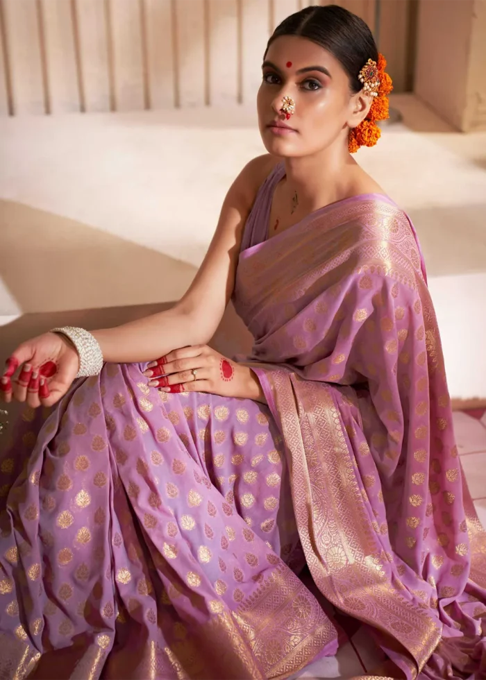 Lilac Purple Georgette Banarasi Saree for Wedding