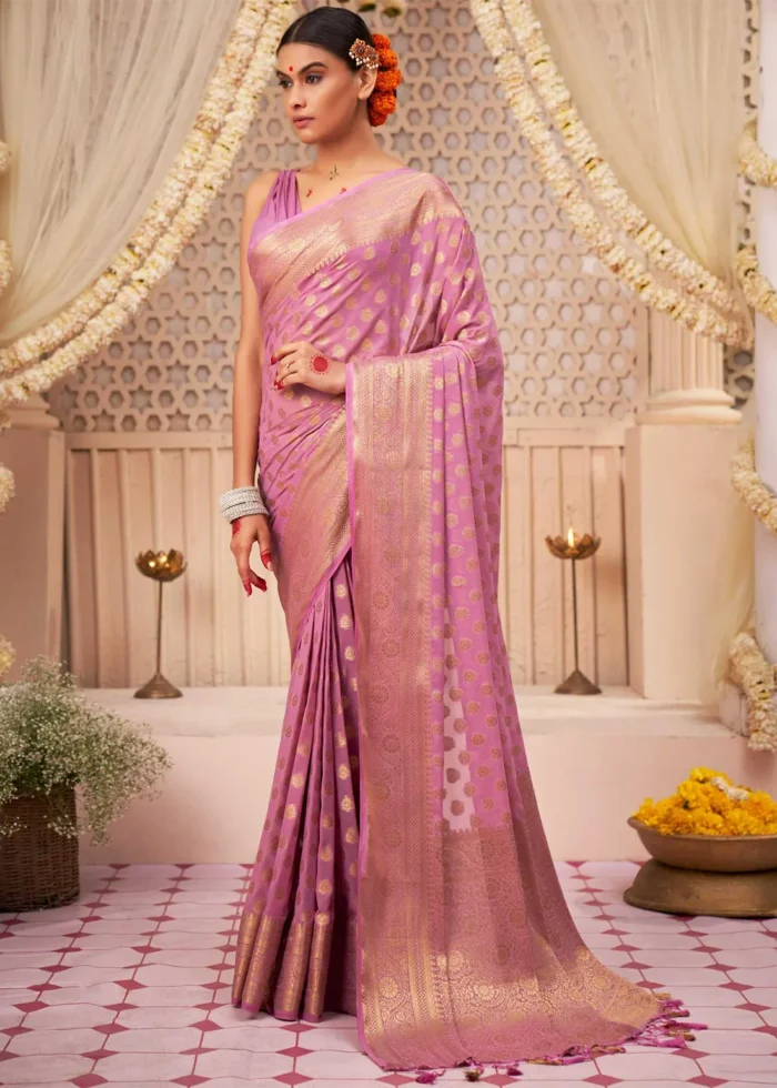 Lilac Purple Georgette Banarasi Saree for Wedding