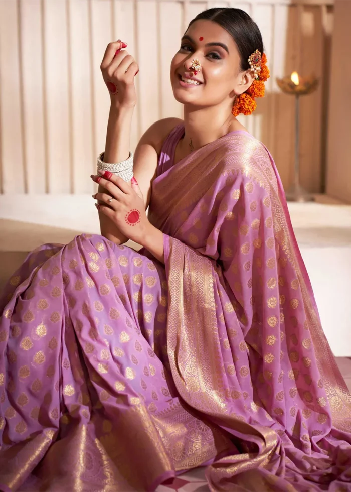 Lilac Purple Georgette Banarasi Saree for Wedding
