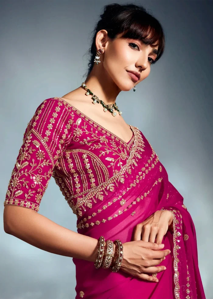 Magenta Embroidered Chiffon Saree for Wedding