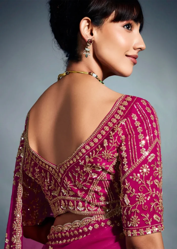Magenta Embroidered Chiffon Saree for Wedding