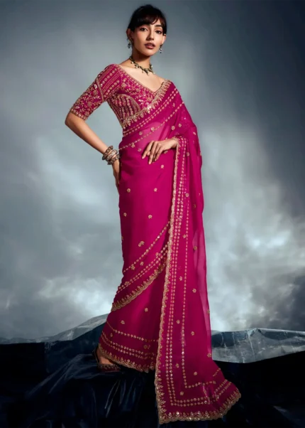 Magenta Embroidered Chiffon Saree for Wedding