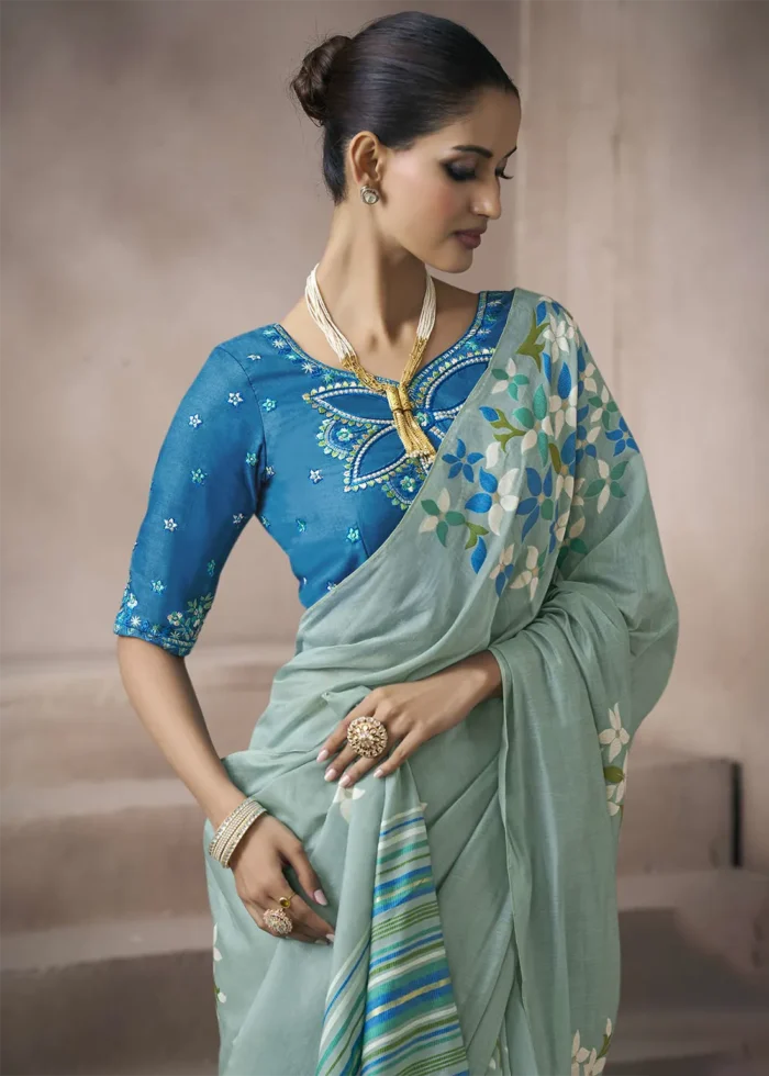 Mint Green Cotton Saree with Embroidered Blouse