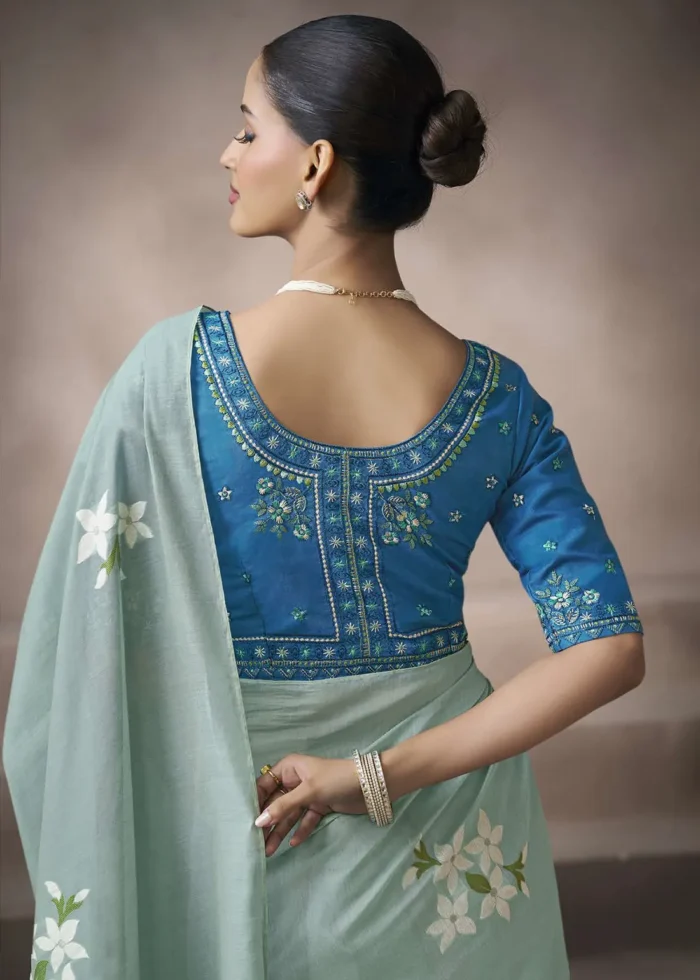 Mint Green Cotton Saree with Embroidered Blouse