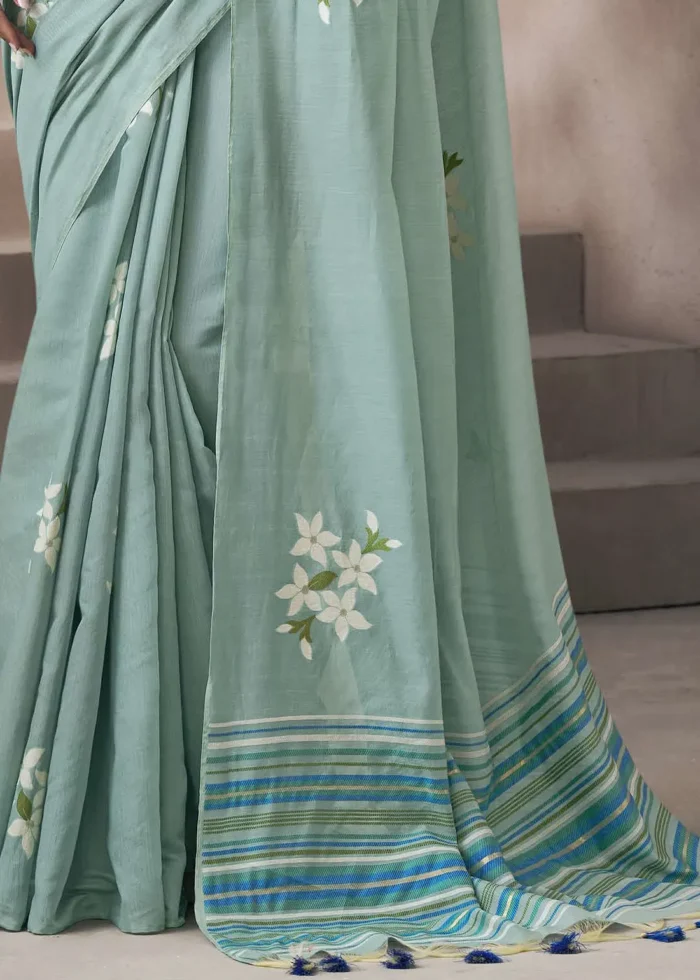 Mint Green Cotton Saree with Embroidered Blouse