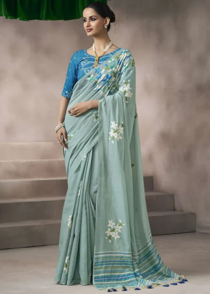 Mint Green Cotton Saree with Embroidered Blouse