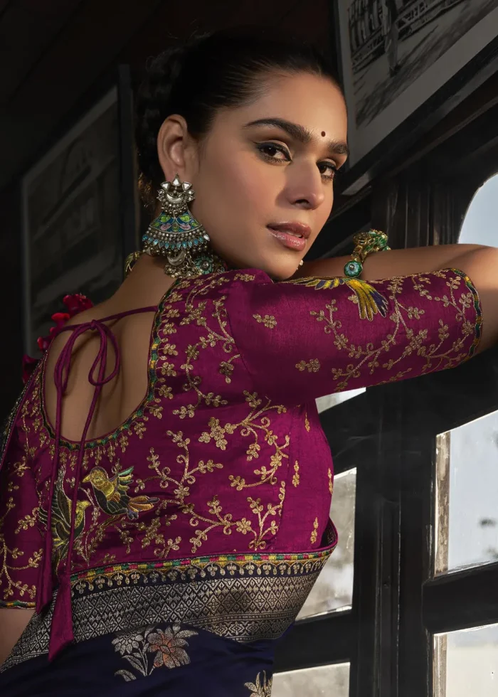 Navy Blue Banarasi Silk Saree with Magenta Embroidered Blouse