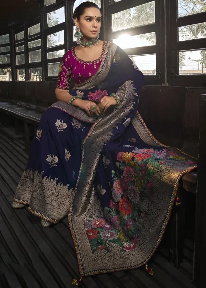 Navy Blue Banarasi Silk Saree with Magenta Embroidered Blouse