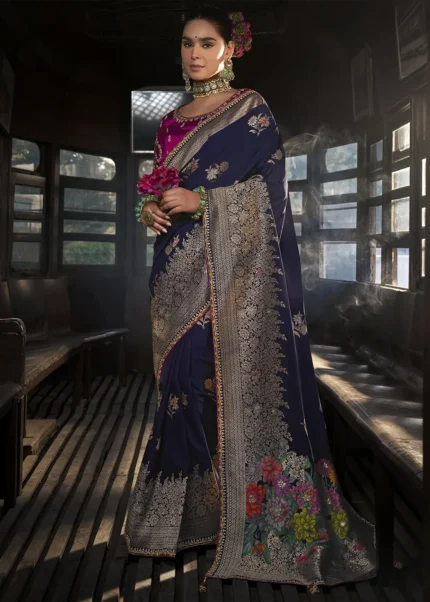 Navy Blue Banarasi Silk Saree with Magenta Embroidered Blouse