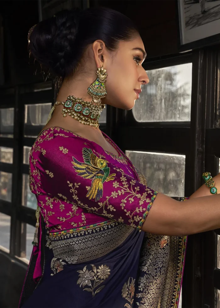 Navy Blue Banarasi Silk Saree with Magenta Embroidered Blouse
