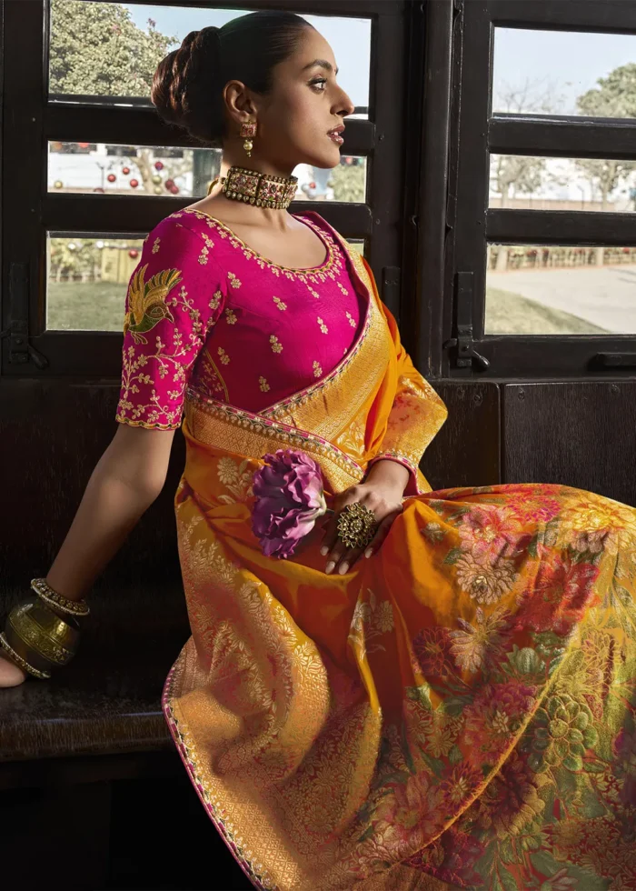 Orange Banarasi Silk Saree with Pink Embroidered Blouse