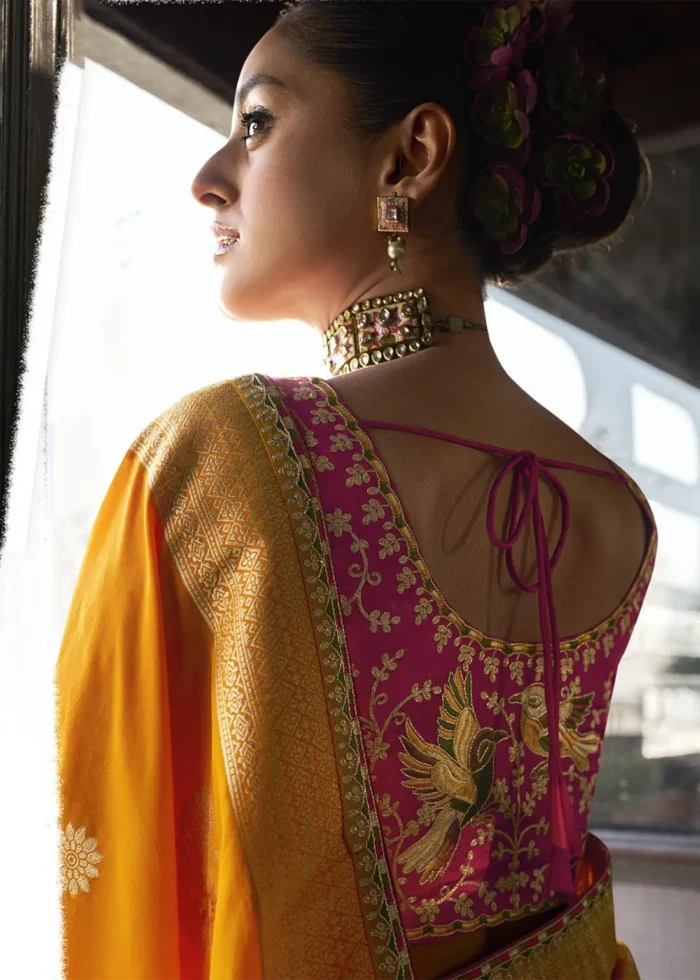 Orange Banarasi Silk Saree with Pink Embroidered Blouse