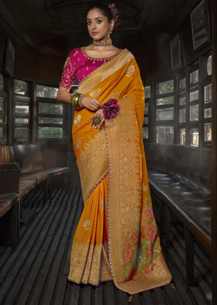 Orange Banarasi Silk Saree with Pink Embroidered Blouse