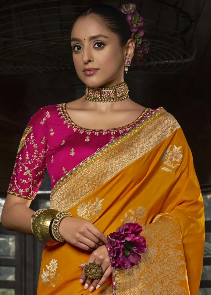 Orange Banarasi Silk Saree with Pink Embroidered Blouse