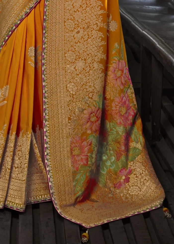 Orange Banarasi Silk Saree with Pink Embroidered Blouse