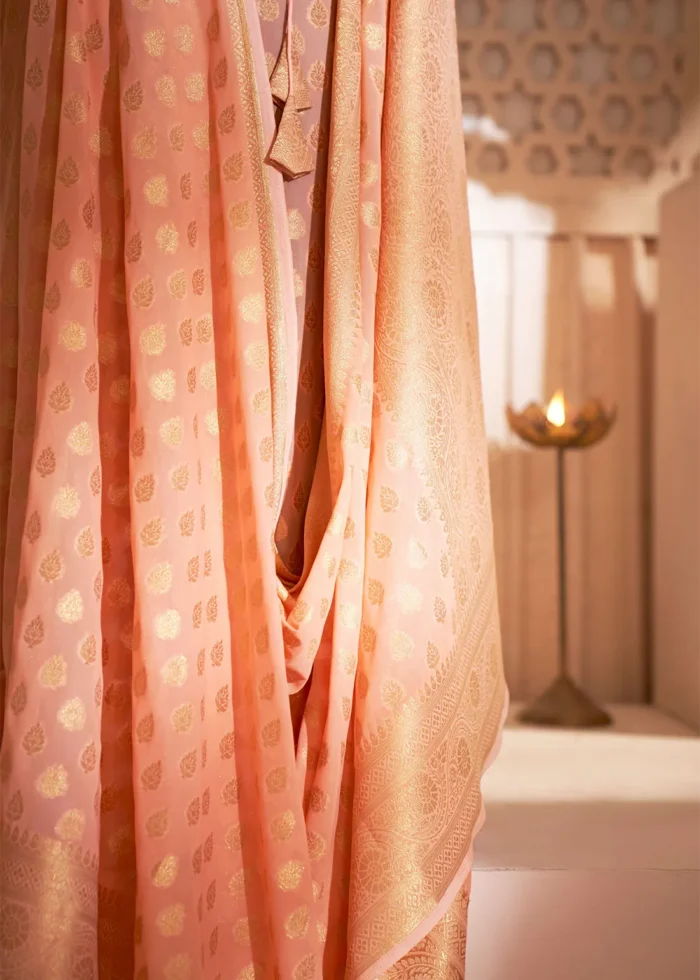 Peach Georgette Banarasi Saree for Wedding
