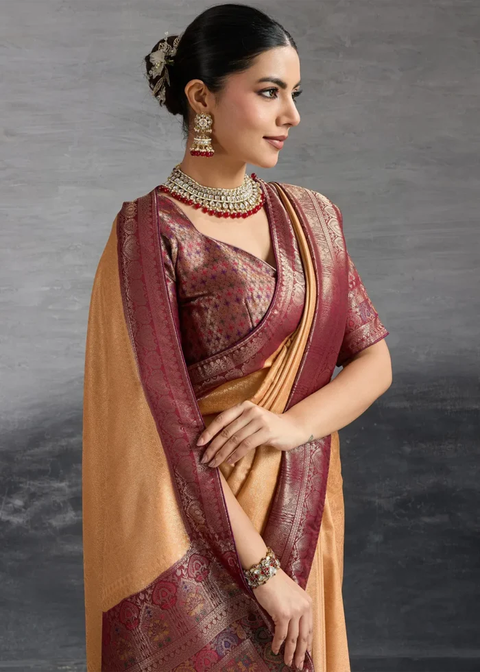 Peach Kanjivaram Silk Saree with Meenakari