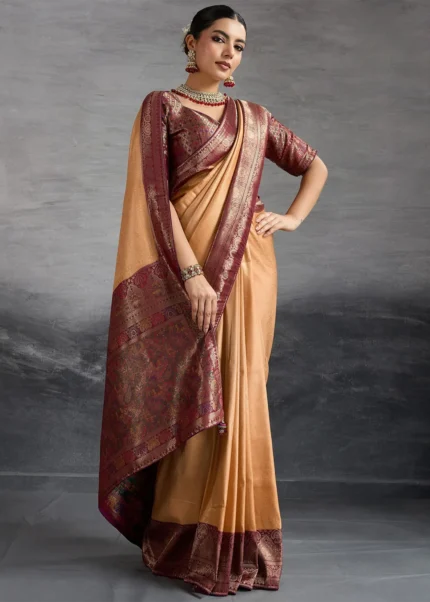 Peach Kanjivaram Silk Saree with Meenakari