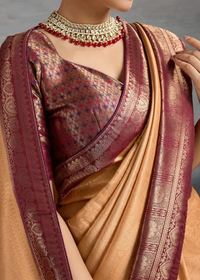Peach Kanjivaram Silk Saree with Meenakari