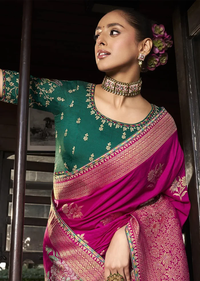 Pink Banarasi Silk Saree with Contrast Green Embroidered Blouse