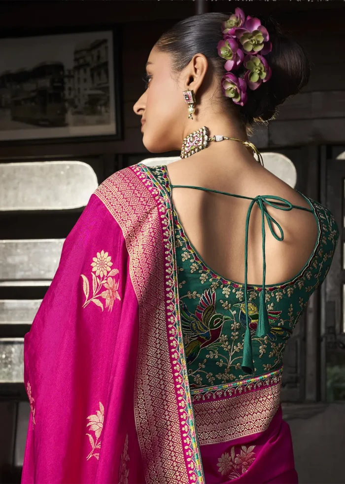 Pink Banarasi Silk Saree with Contrast Green Embroidered Blouse
