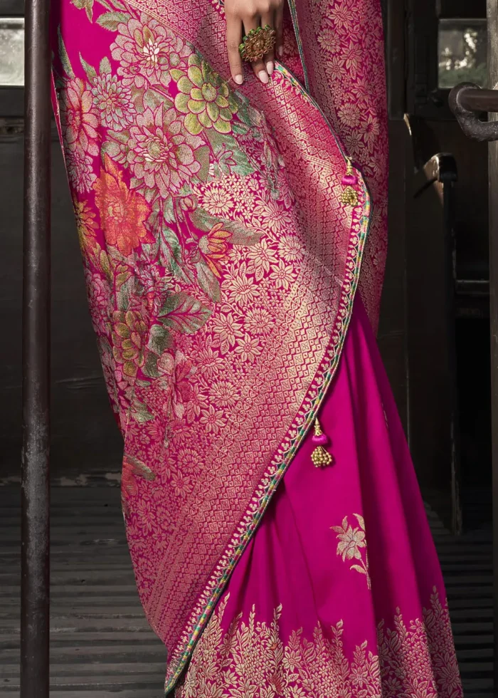 Pink Banarasi Silk Saree with Contrast Green Embroidered Blouse