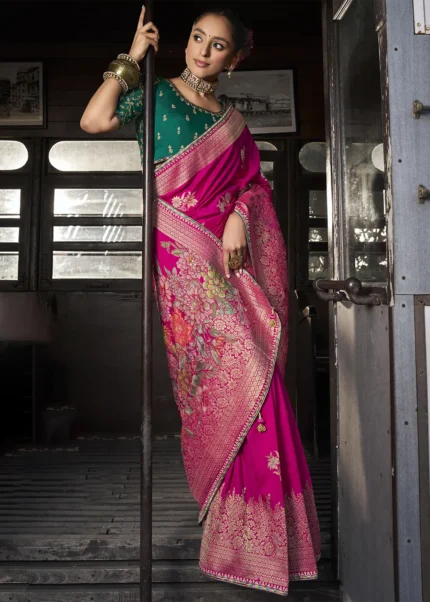 Pink Banarasi Silk Saree with Contrast Green Embroidered Blouse