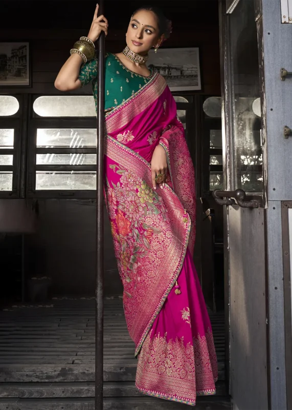 Pink Banarasi Silk Saree with Contrast Green Embroidered Blouse
