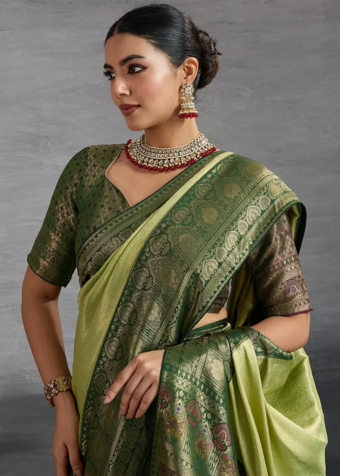 Pista Green Kanjivaram Silk Saree with Meenakari