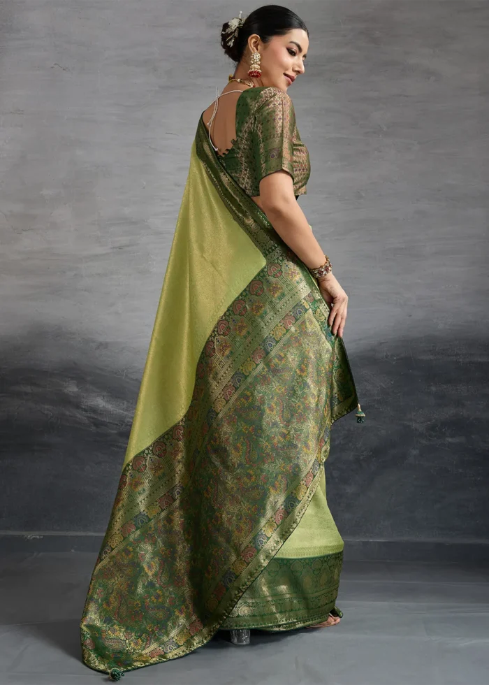 Pista Green Kanjivaram Silk Saree with Meenakari