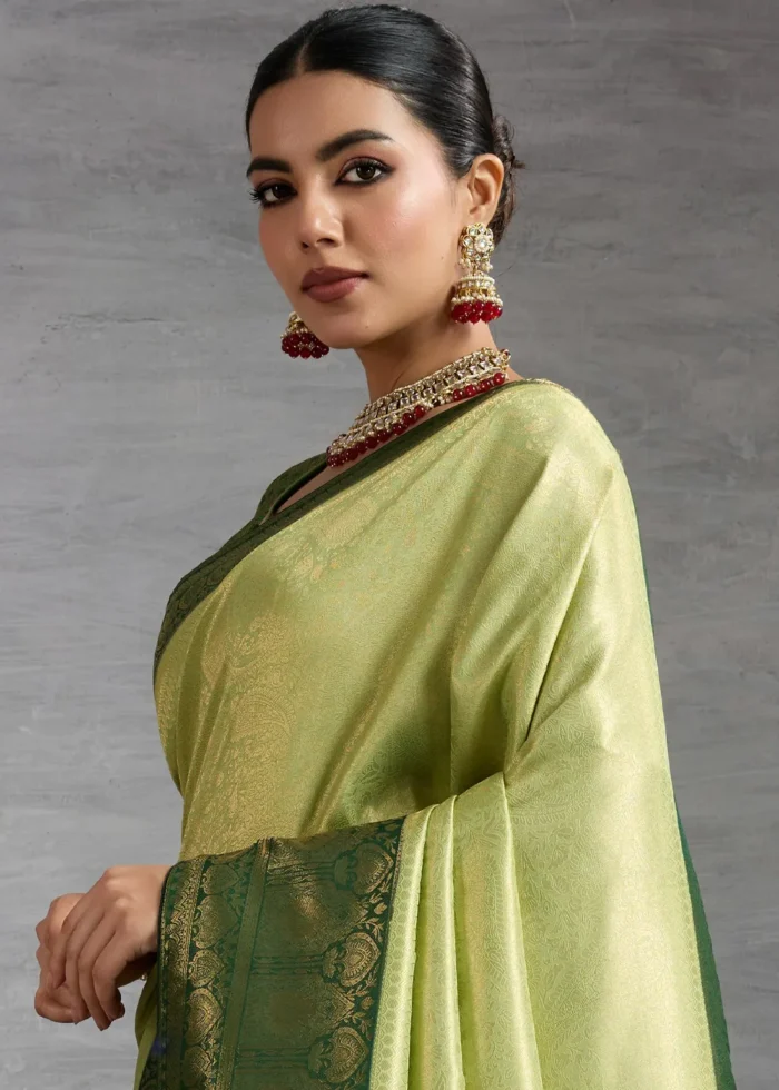 Pista Green Kanjivaram Silk Saree with Meenakari