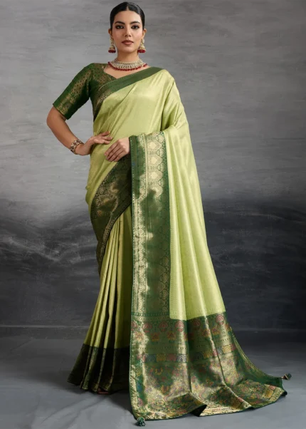 Pista Green Kanjivaram Silk Saree with Meenakari