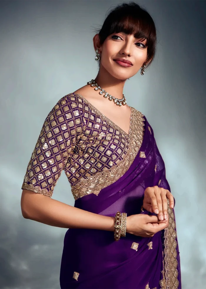 Purple Embroidered Chiffon Saree