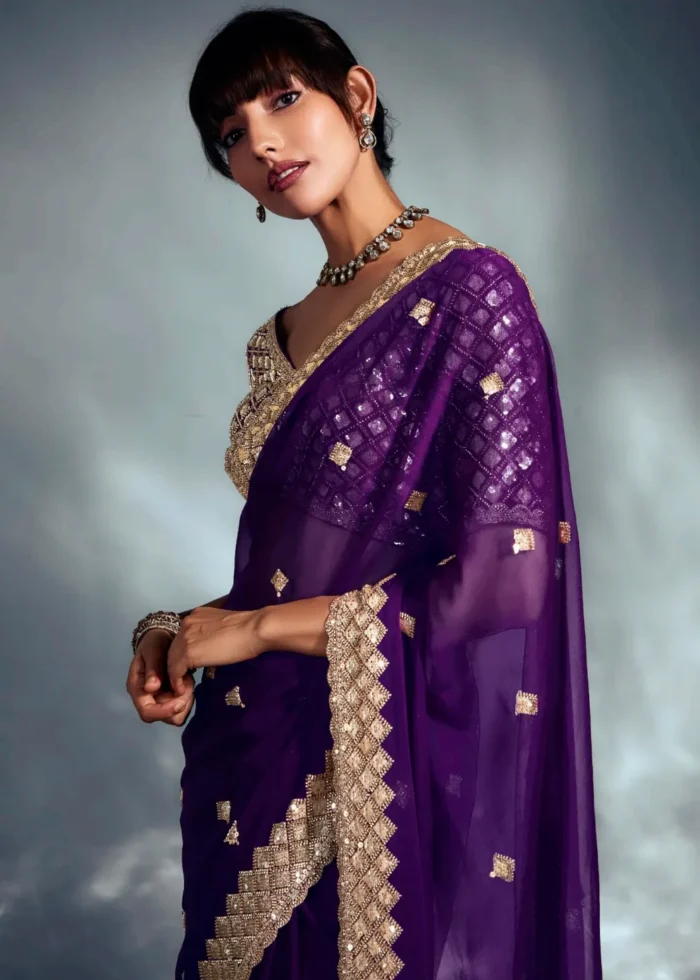 Purple Embroidered Chiffon Saree
